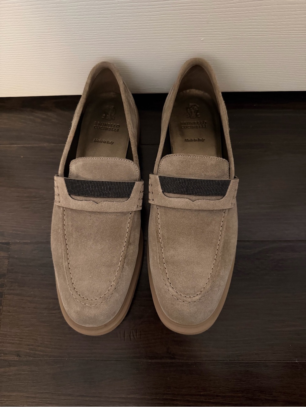 Brunello Cucinelli Taupe Suede Penny Loafers with Black Strap